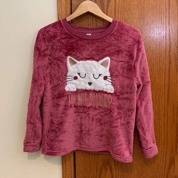 🌟3/$20 Girls’ Fluffy Long Sleeve Pyjama Shirt Cat Do Not Disturb Slogan - Picture 2 of 5